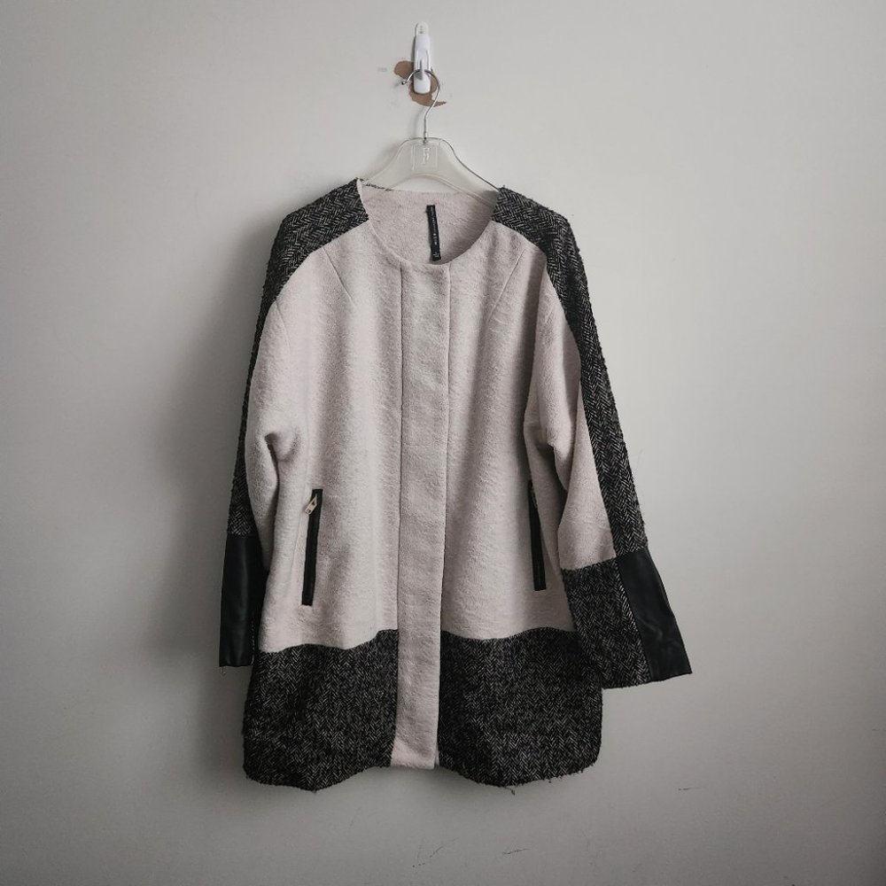 WALTER BAKER | Wool Tweed Faux leather jacket coat black cream sz L